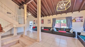 TV connectée, cheminée, livres