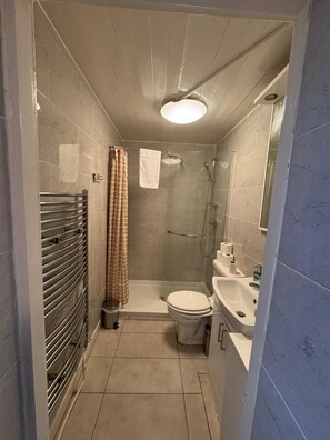 Un baño pequeño con ducha, inodoro y lavamanos.