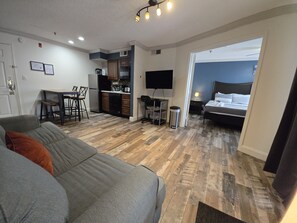 1 bedroom, desk, iron/ironing board, travel crib