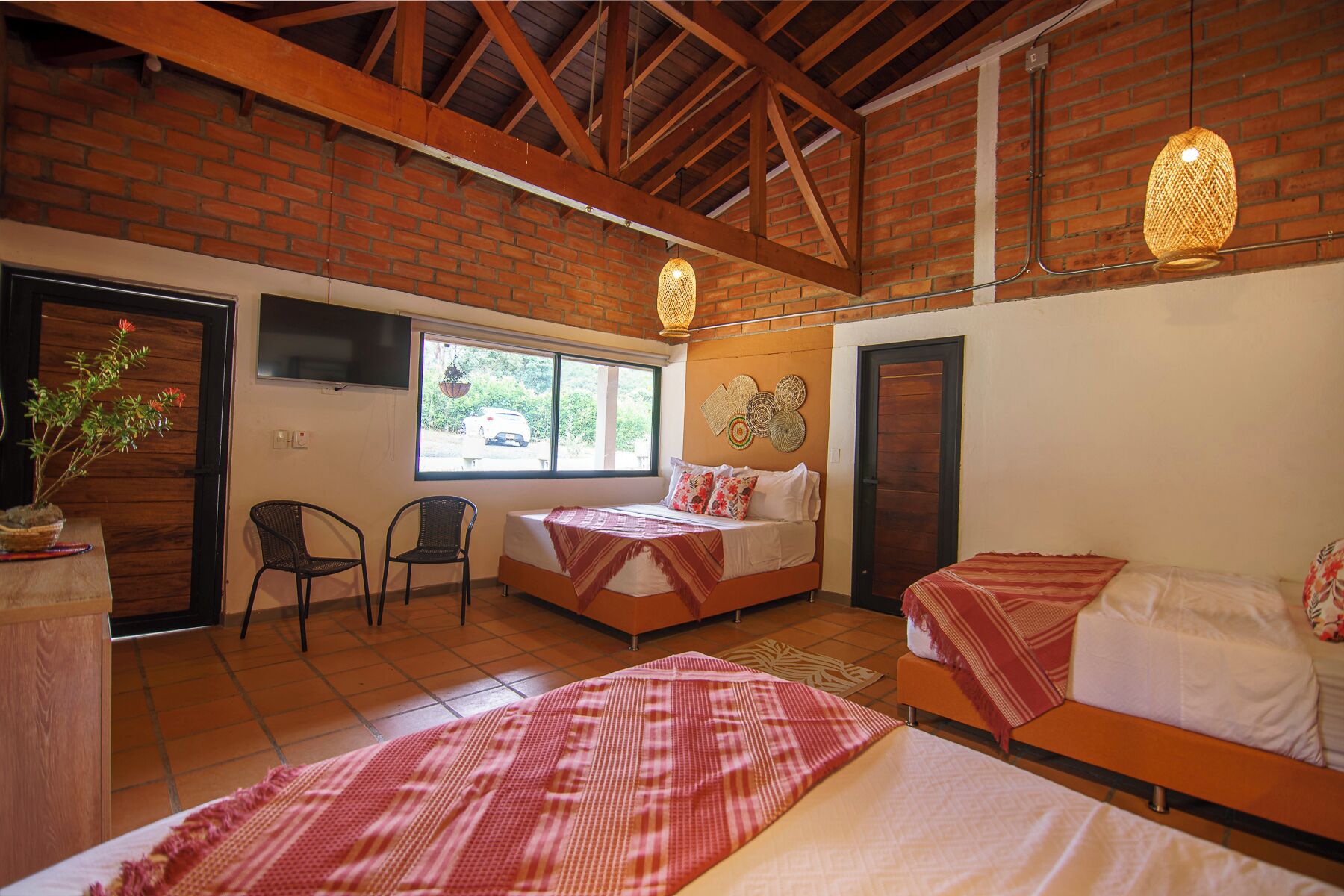 Una habitación con dos camas, televisión, ventana y una planta.