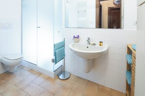 Shower, hair dryer, bidet, towels