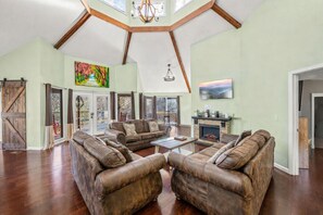 Smart TV, fireplace, books