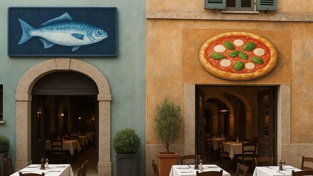 An outdoor dining area with tables and chairs, a fish mural, and a pizza mural on the building. - Jonte's Nest  (Wurster Nordseeküste)