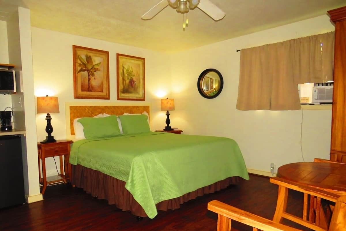 Un dormitorio con cama, mesitas de noche, ventilador de techo, una silla de madera y una mesa.