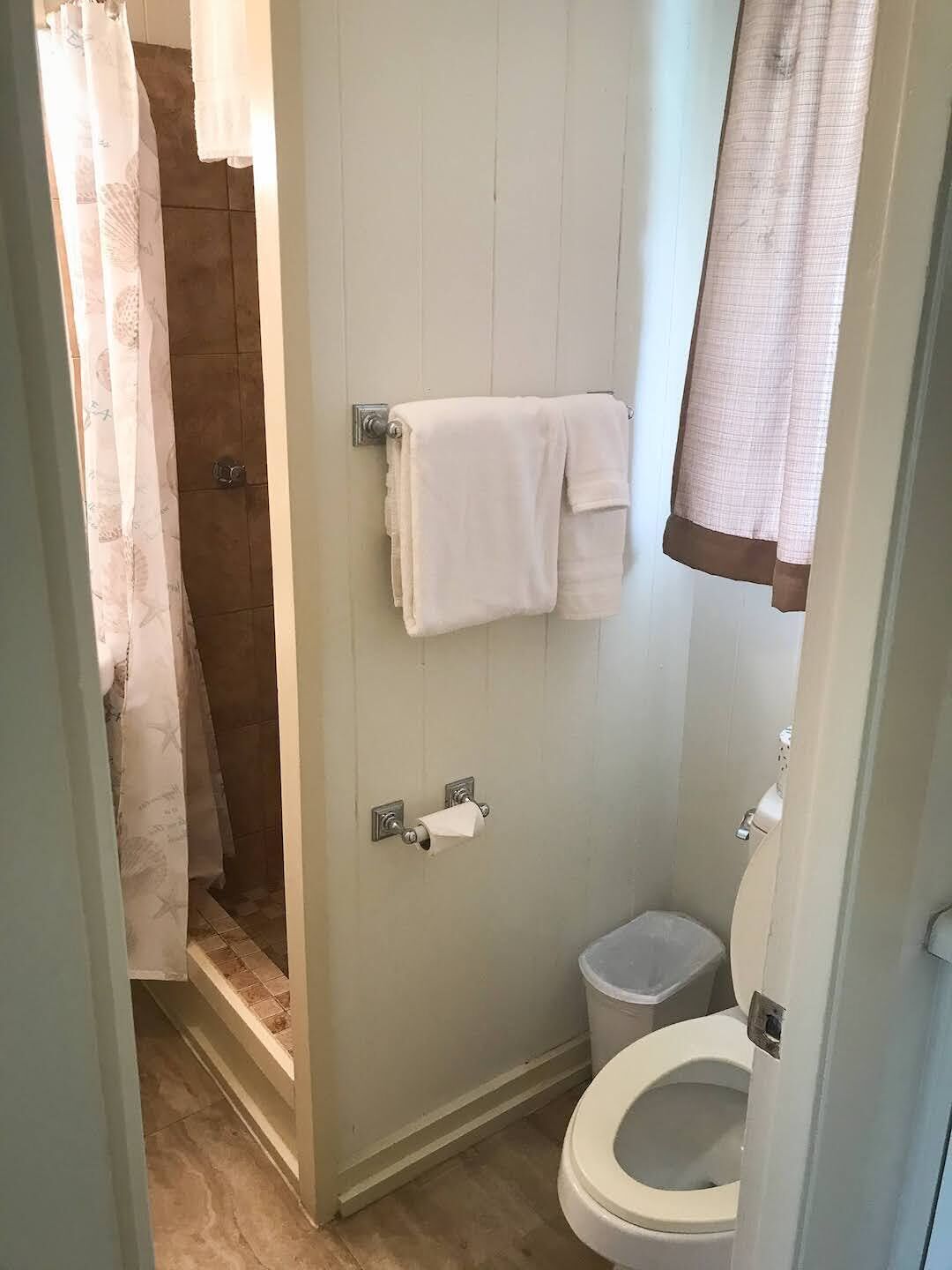 Une salle de bain équipée d’une douche, de toilettes et d’un porte-serviettes.