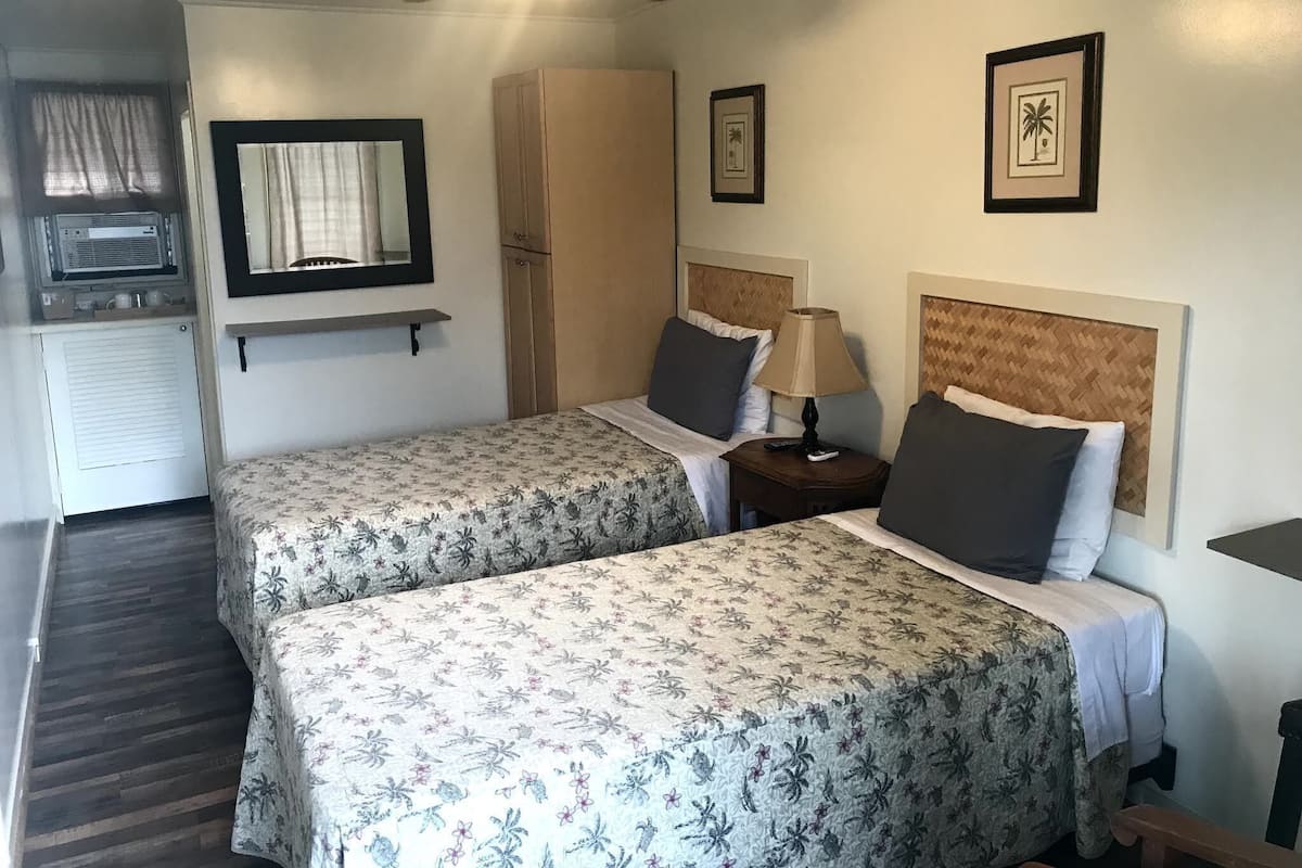 Habitación de hotel con dos camas, ventilador de techo, una mesita con lámpara, armario, espejo y un cuadro en la pared.