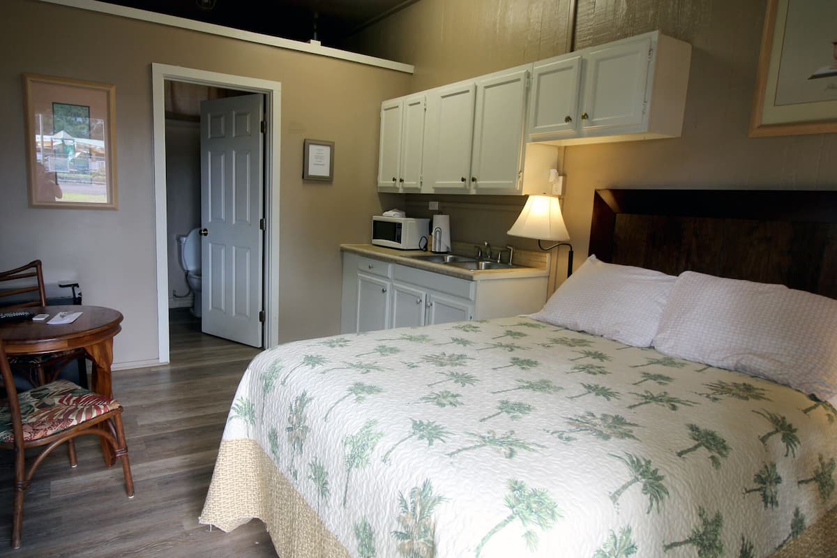 Un dormitorio con cama, una silla de madera, una mesita y un microondas. Un lavabo en la habitación contigua.