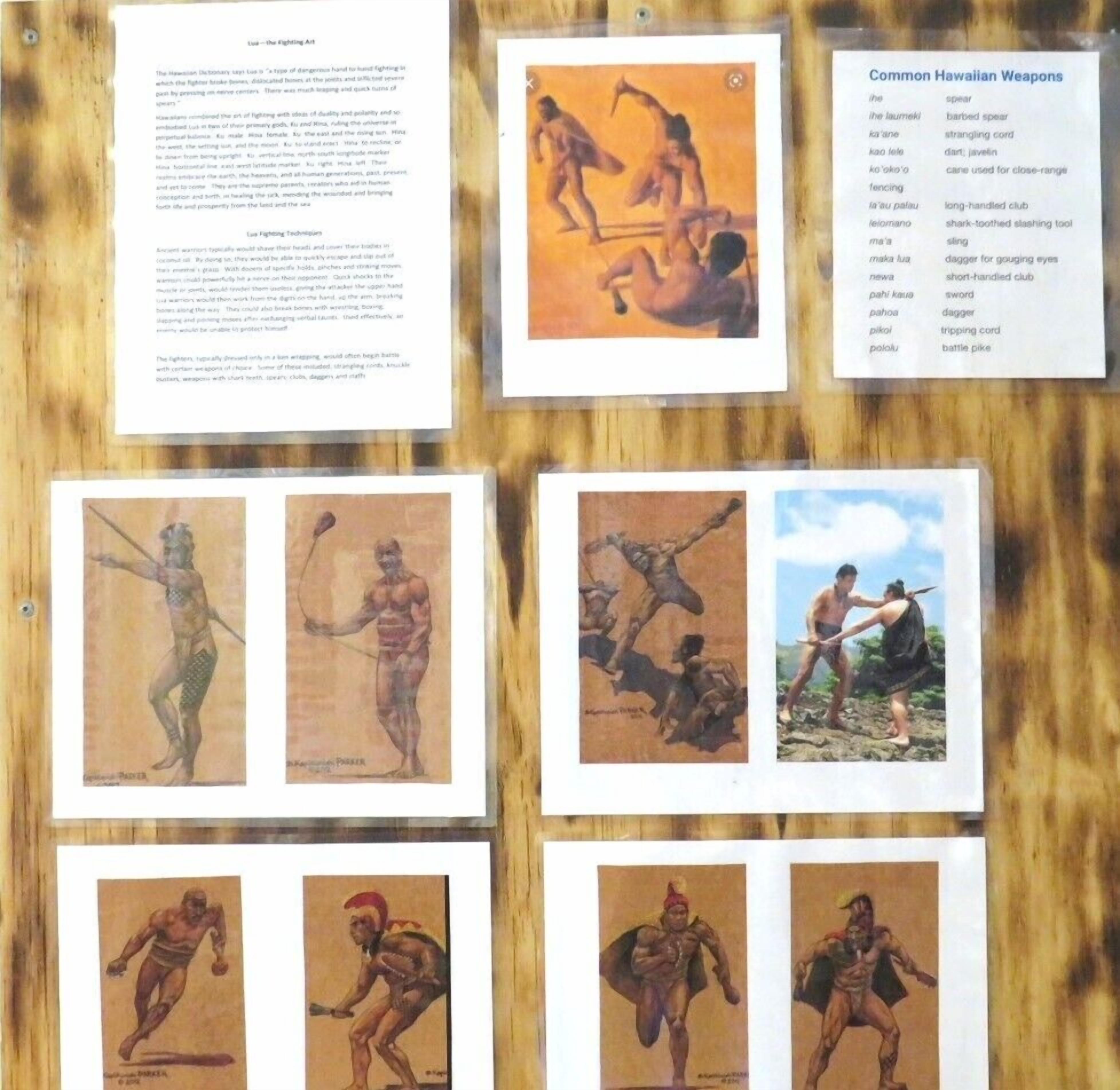 Eine Pinnwand mit verschiedenen hawaiianischen Kulturobjekten, darunter Waffen und Kampfkünste.