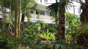 A white building with a balcony surrounded by lush tropical vegetation. - Kaua'i Palms Hotel (Lihue)