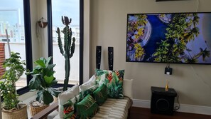 Smart TV, DVD player, livros, aparelho de som