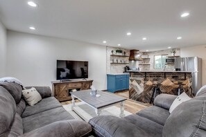 TV connectée, cheminée, lecteur de DVD, livres