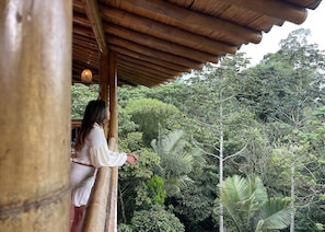 Una persona de pie en un balcón de madera con vistas a una densa vegetación tropical.