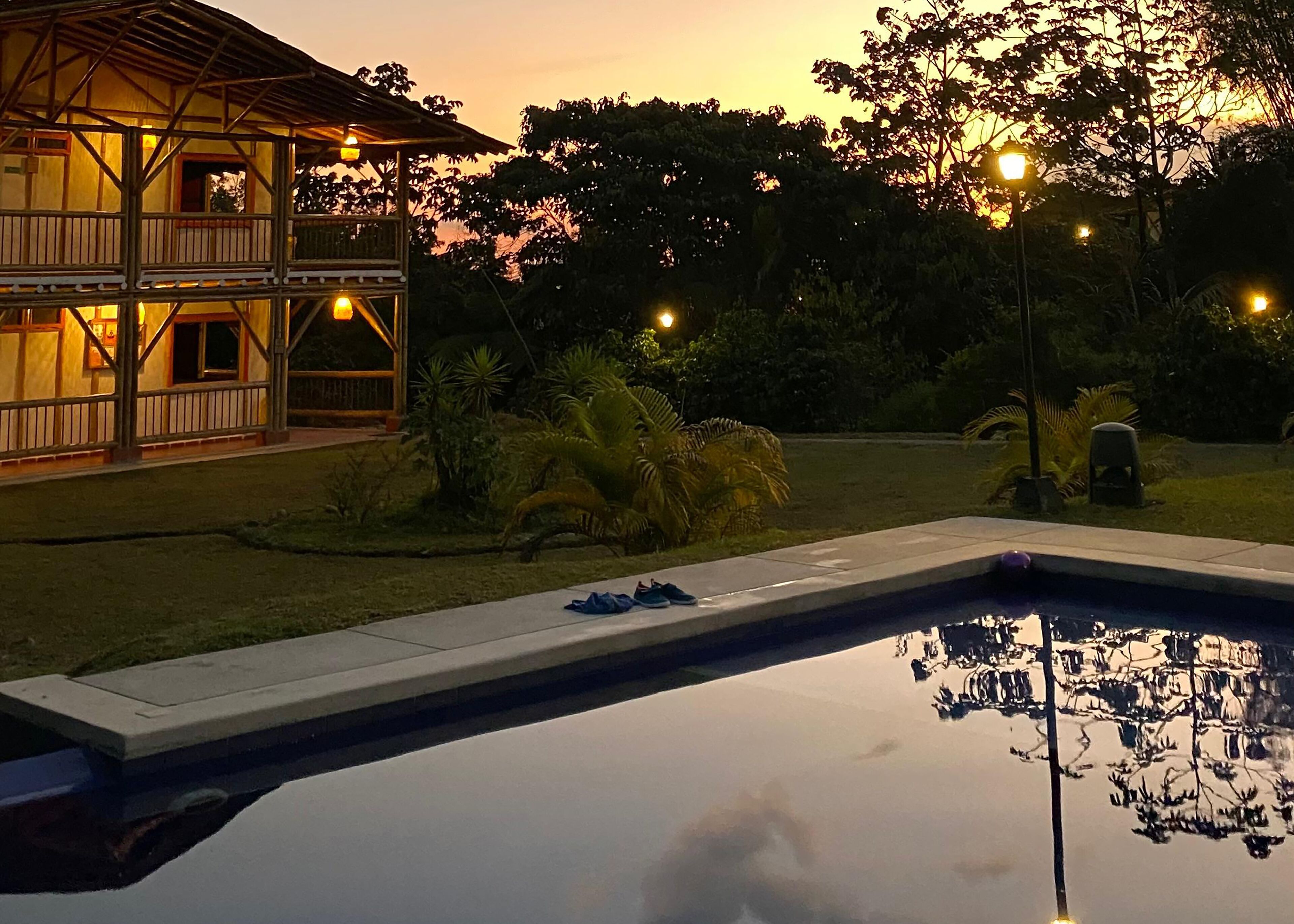 Una piscina con el reflejo de árboles y un edificio con balcón y luces.