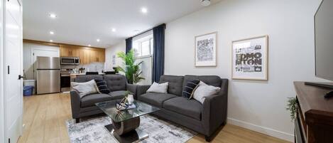 Smart TV, fireplace, books, offices