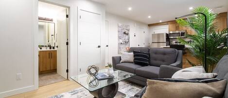 Smart TV, fireplace, books, offices