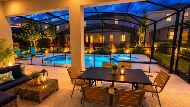 An outdoor patio with a pool, seating, and plants.