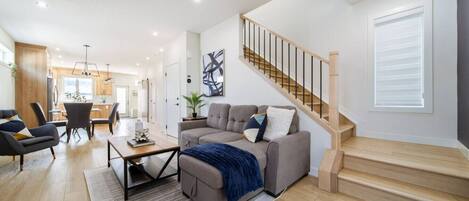 Smart TV, fireplace, books, offices