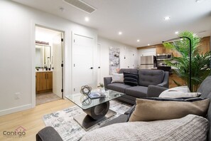 Smart TV, fireplace, books, offices