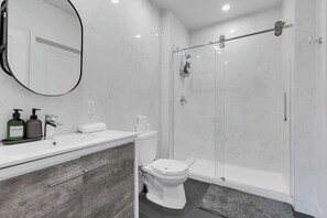 Shower, hair dryer, towels