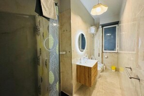 Shower, hair dryer, bidet, towels