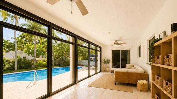 A spacious living area with large windows, a pool, and a ceiling fan. - ★★★★★CHARMING 3BDR VILLA W/ PRIVATE POOL & SPACIOUS BACKYARD IN HOLLYWOOD (Hollywood)