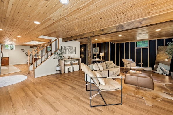 Smart TV, fireplace, books