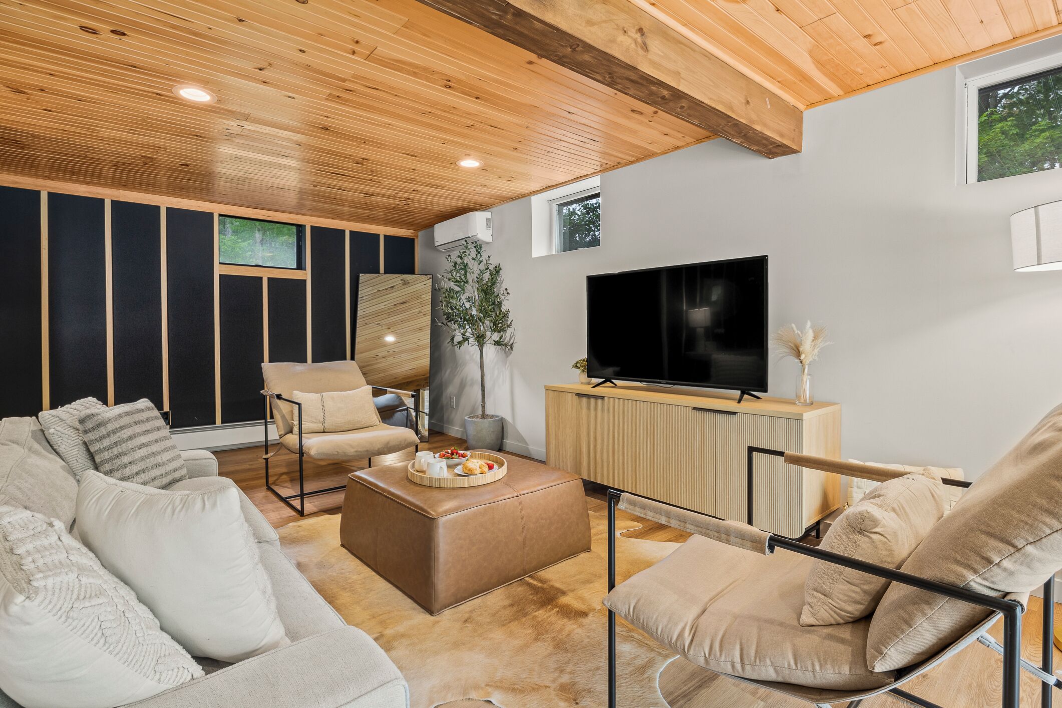 Een smart-tv, een open haard en boeken