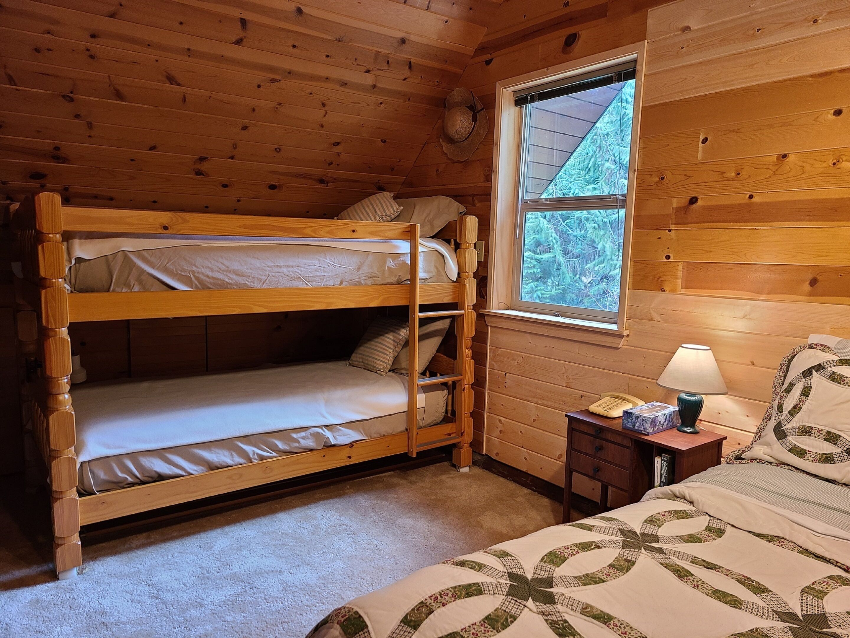 A cabin room with a bunk bed, a small bedside table with a lamp, and a window with a view of trees.