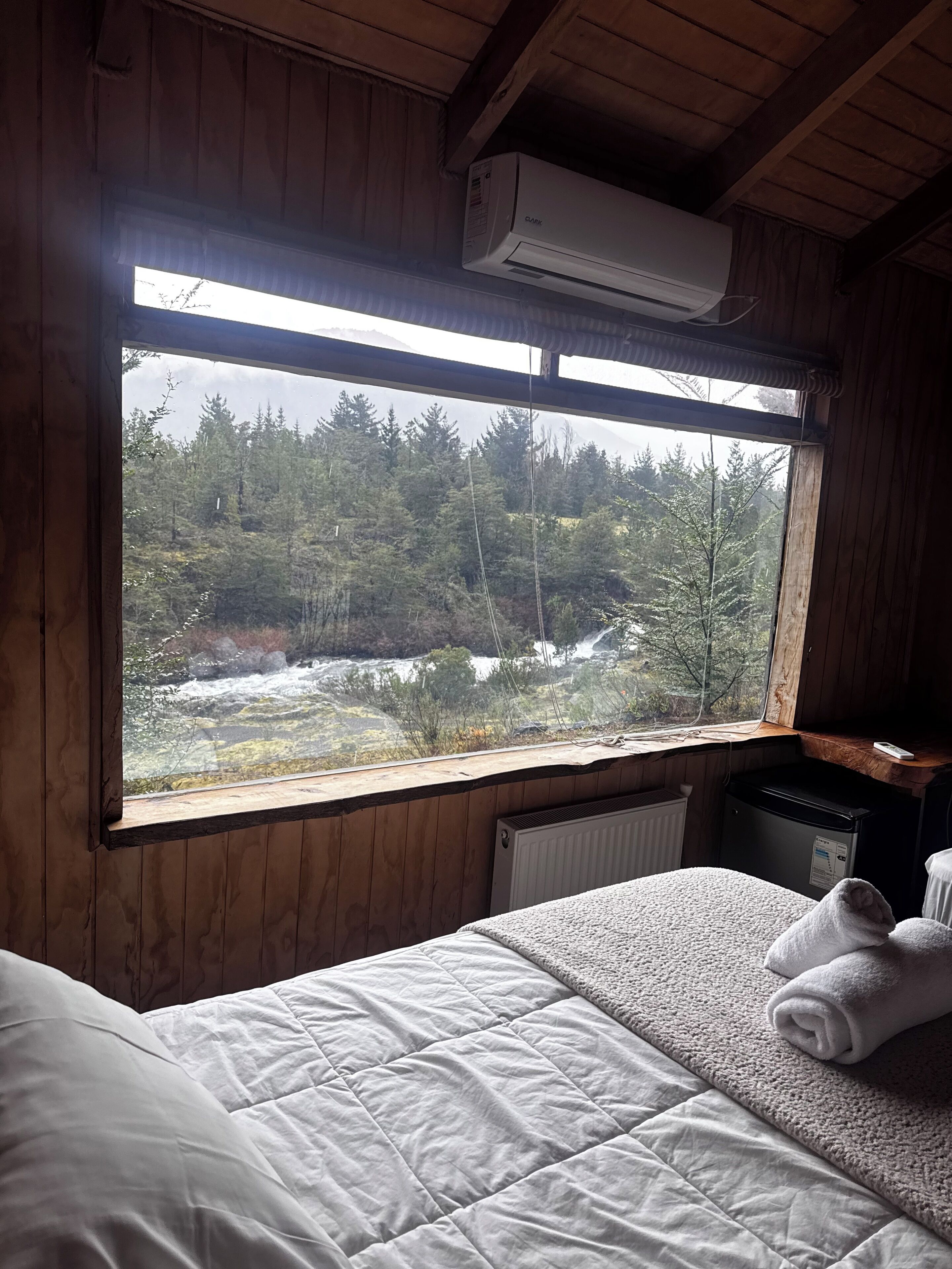 Una habitación con cama, ventana y vista a un bosque, además de aire acondicionado.