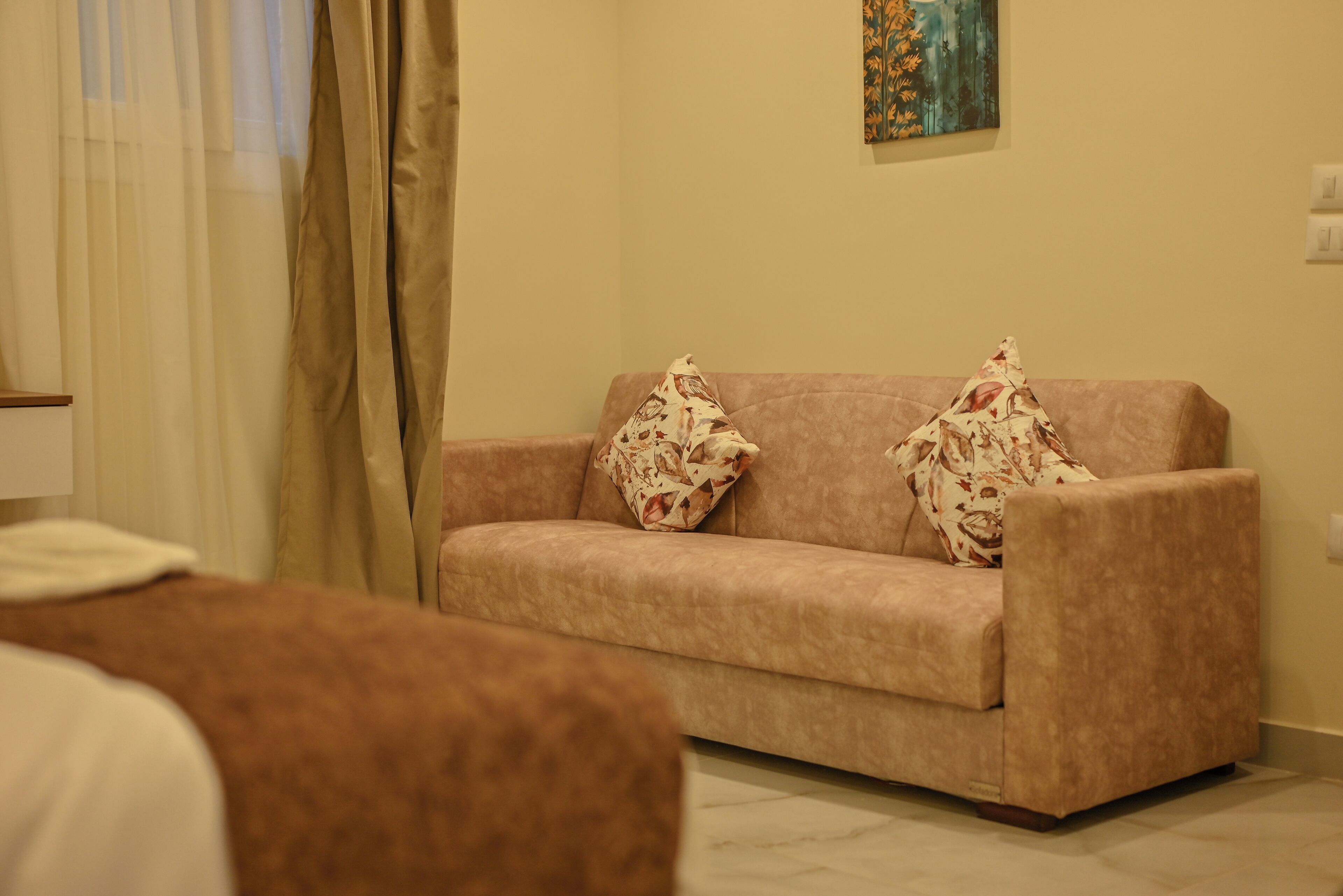 Un sofá color beige con cojines estampados en una habitación con una pared lisa y un cuadro.