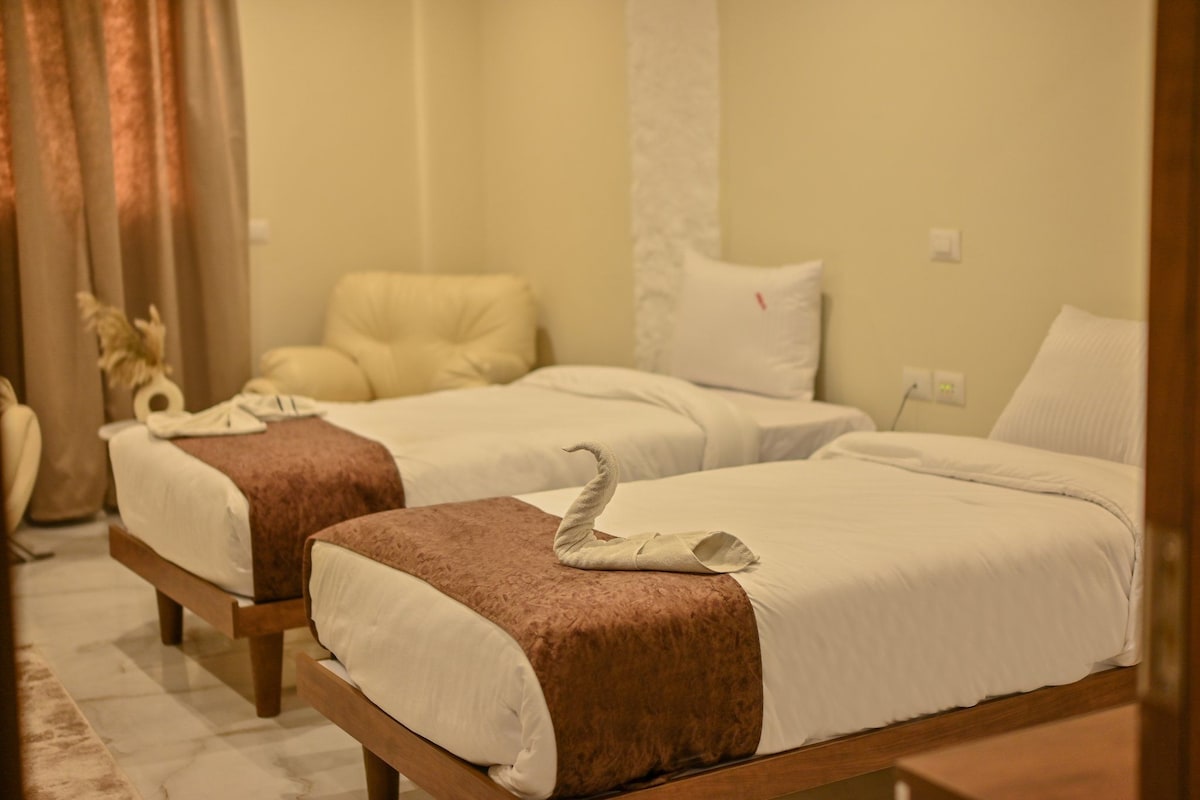 Two single beds with white linens and brown headboards in a hotel room.