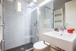 A bathroom with a glass shower enclosure, a white sink, and a mirror.