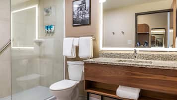 Un baño moderno con ducha envuelta en vidrio, un inodoro blanco, un tocador de madera con lavamanos y un espejo grande.