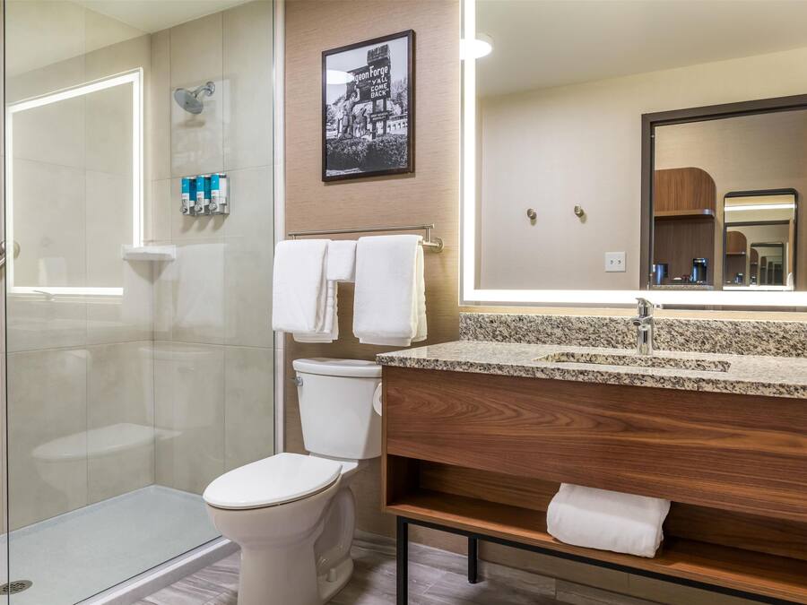 Un baño moderno con ducha envuelta en vidrio, un inodoro blanco, un tocador de madera con lavamanos y un espejo grande.