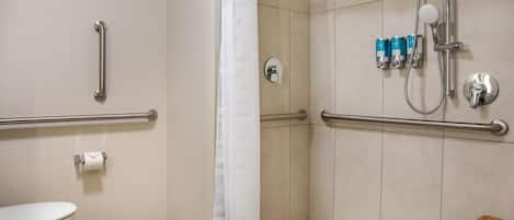 Une salle de bain avec une douche, des toilettes et un banc.