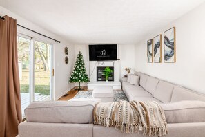 Smart TV, fireplace, foosball