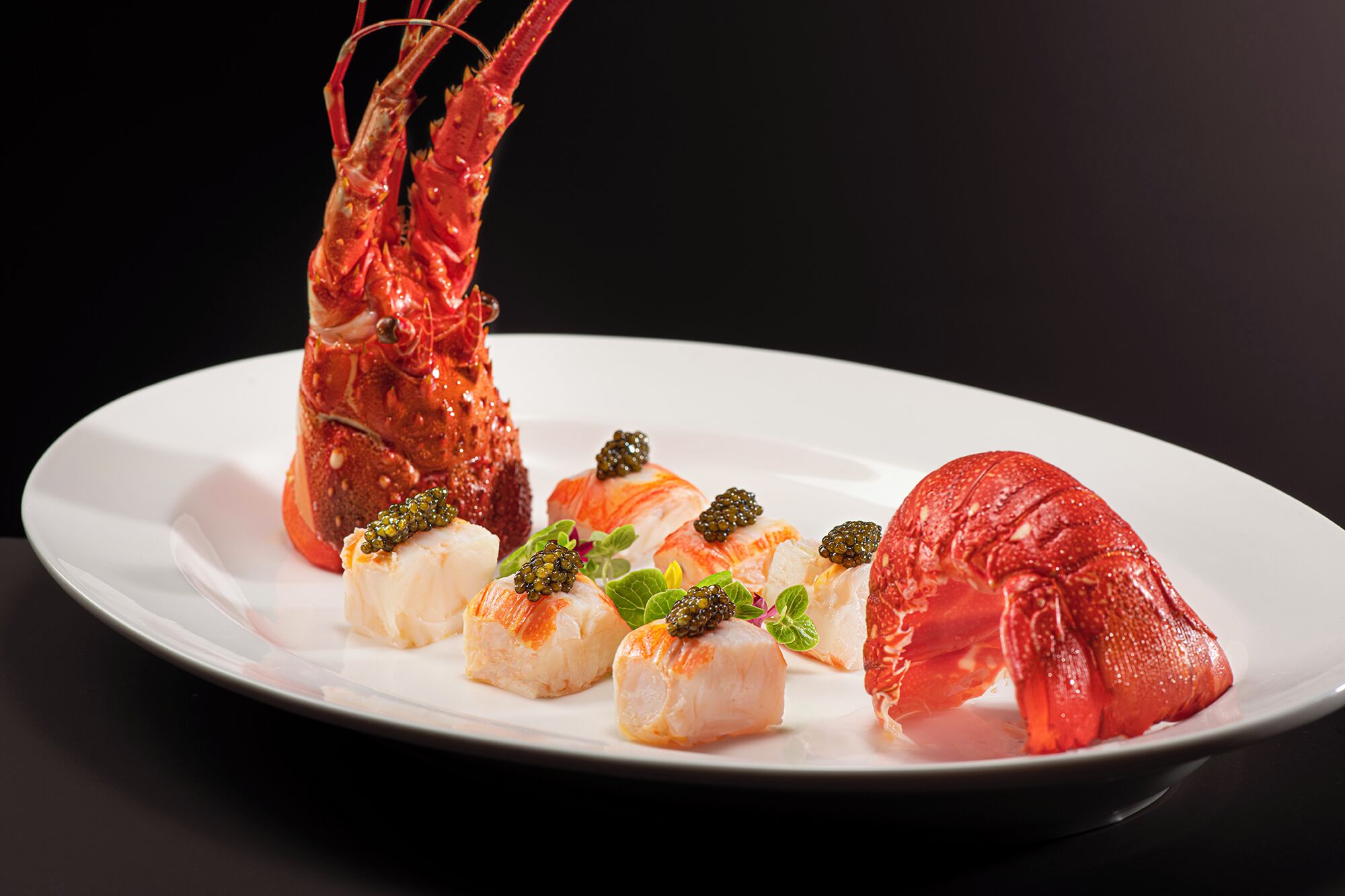 A plate with a lobster, sashimi, and caviar.