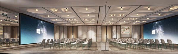 A spacious conference room with a modern ceiling design, large windows with a starry night view, and a long table with chairs.