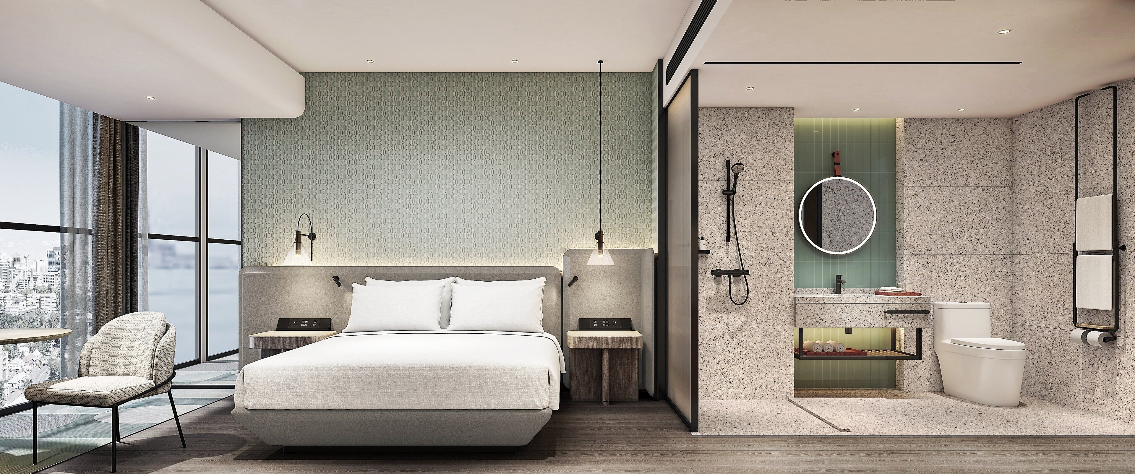 Ein modernes Hotelzimmer mit einem großen Bett, Nachttischen, einem Sessel, einem Schminktisch mit Spiegel und einer Toilette.
