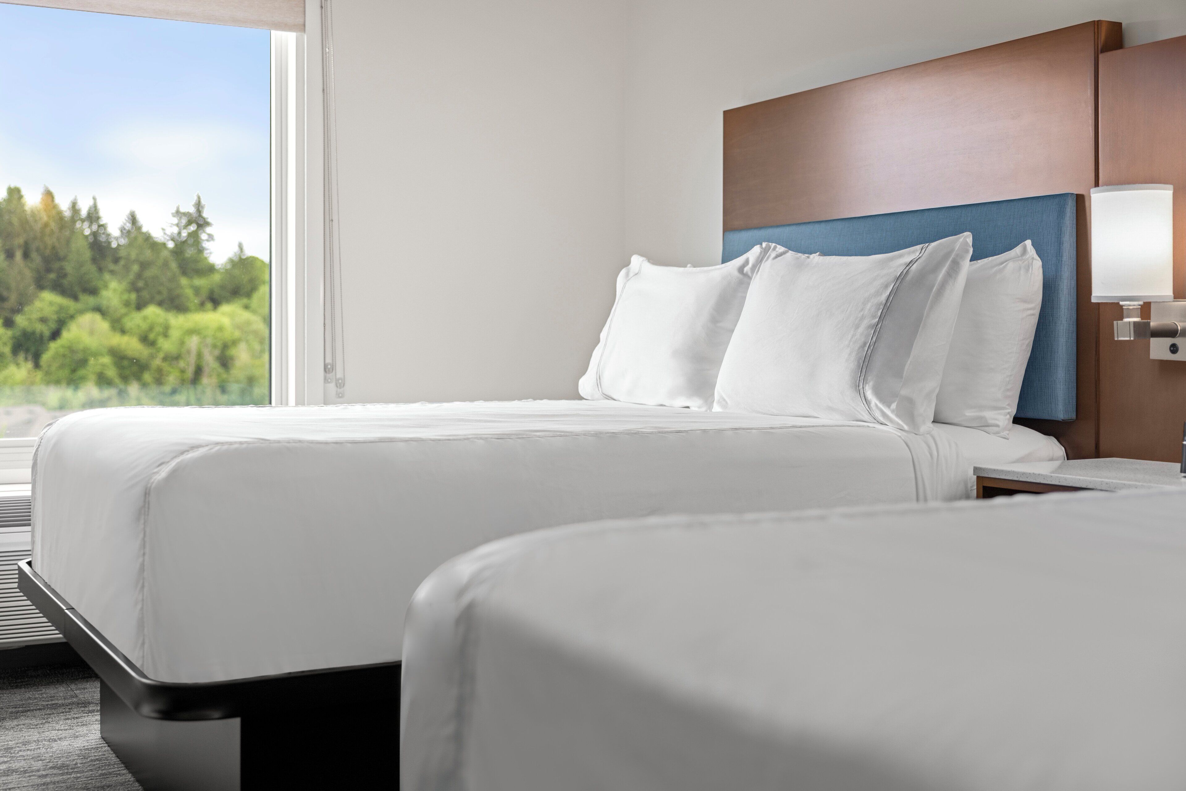 A hotel room with two beds, a wooden headboard, a bedside lamp, and a view of greenery outside.