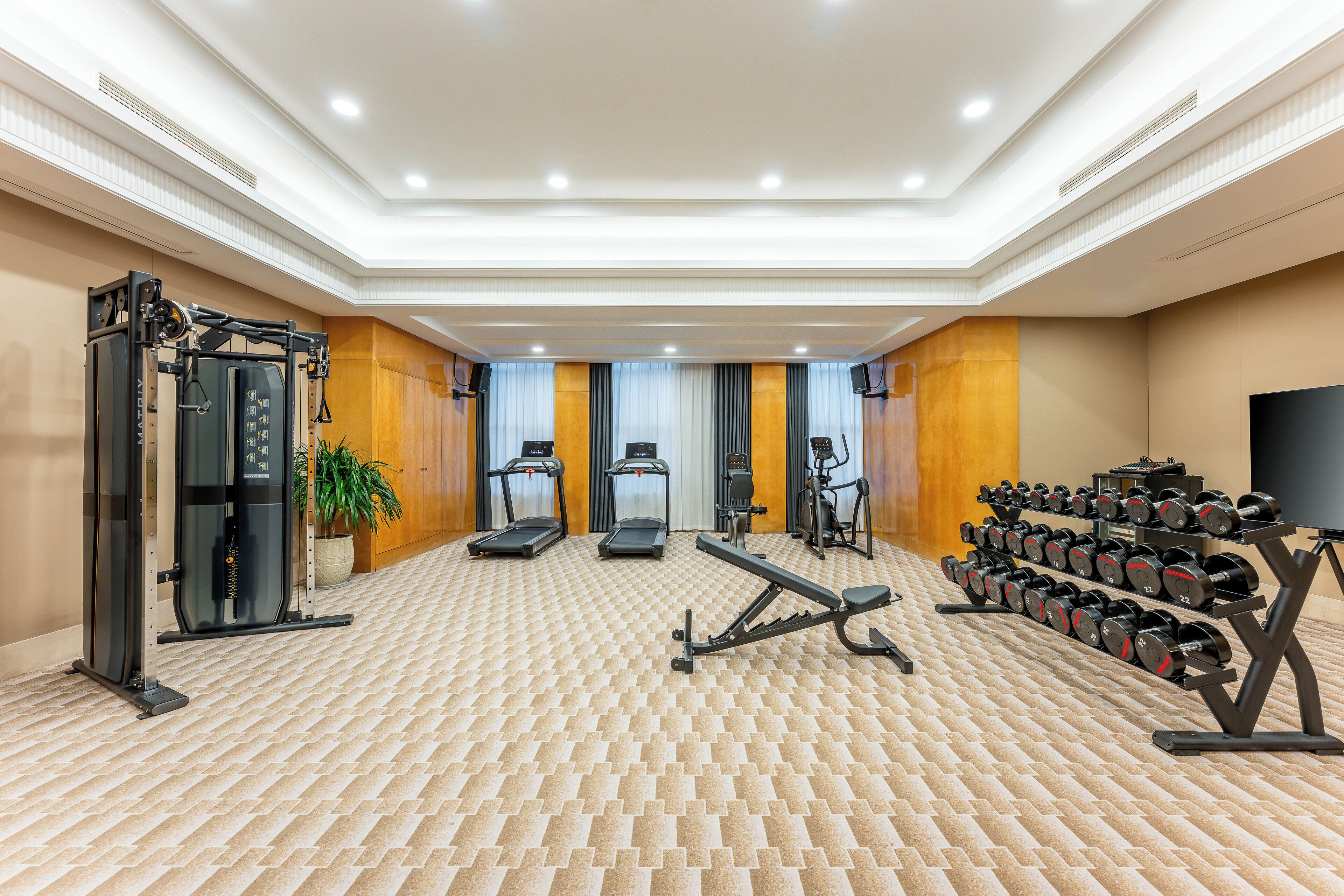 Un gimnasio con cintas de correr, elípticas, una banca de pesas y un estante con mancuernas.