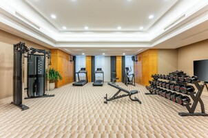 Un gimnasio con cintas de correr, elípticas, una banca de pesas y un estante con mancuernas.
