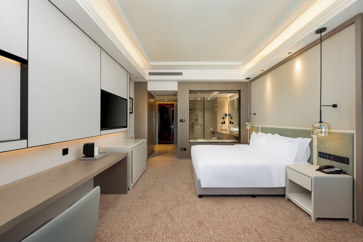 Une chambre d’hôtel avec un lit, une table de chevet, une télévision et un miroir.