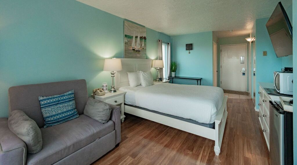 A bedroom with a bed, a sofa, a nightstand, a lamp, a television, and a microwave.