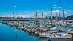 Een jachthaven met talloze boten die afgemeerd liggen, een heldere blauwe lucht en een brug op de achtergrond.