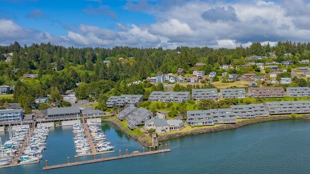 A coastal residential area with a marina, houses, and dense forest.