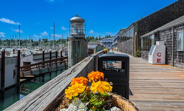 Un muelle de madera con edificios a un lado y un puerto deportivo al otro.