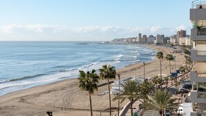 Vista a la playa con un paseo marítimo bordeado de palmeras, una playa de arena y un paisaje urbano al fondo.