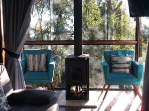 Una habitación acogedora con una estufa de leña, dos sillones color turquesa y vistas a árboles a través de grandes ventanales.