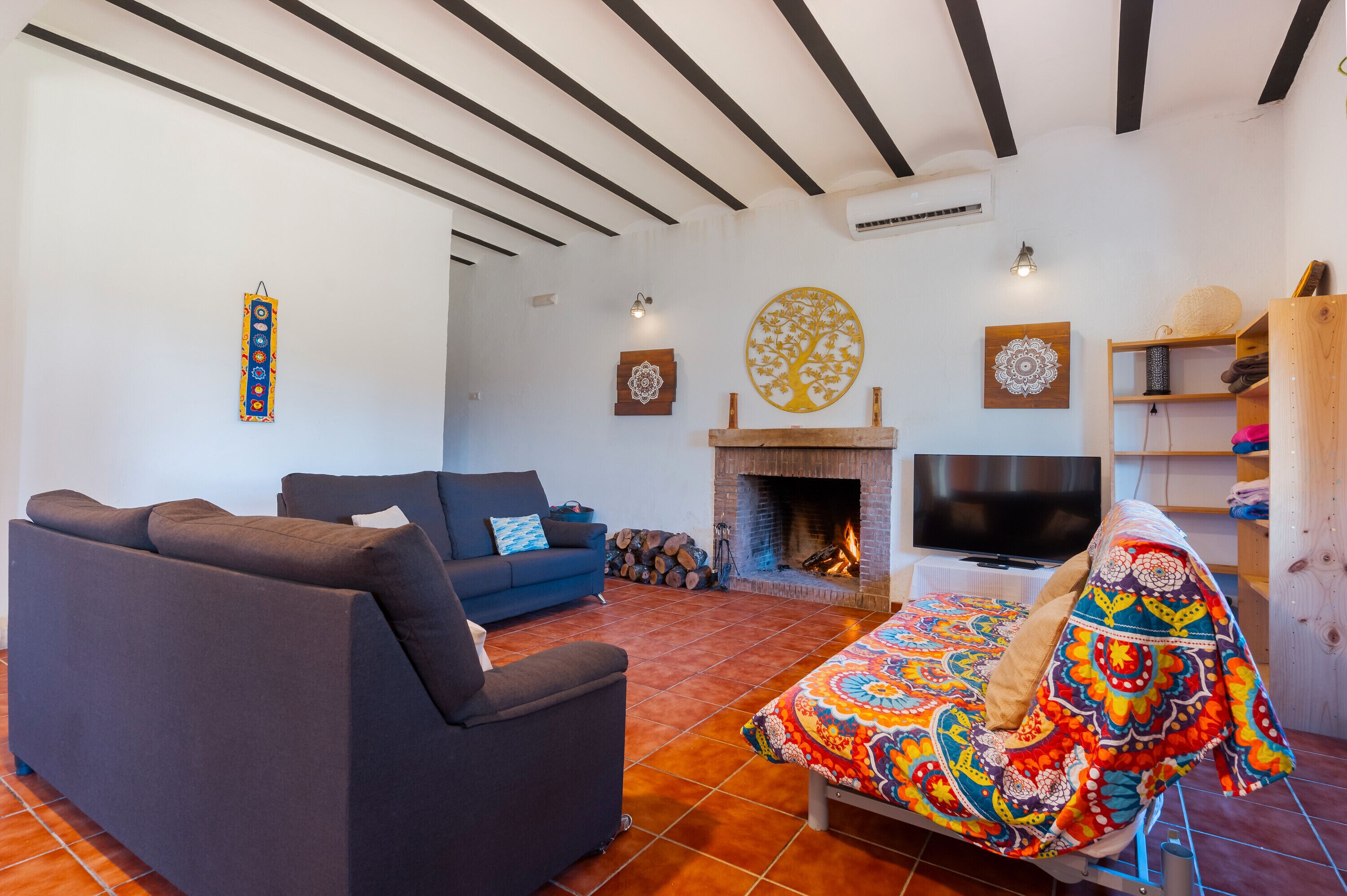 Una televisión, una chimenea, un reproductor de DVD